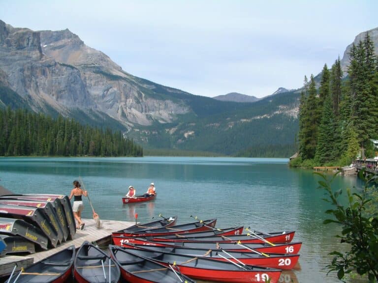 Canoë au Canada sur le lac Mistassini bordé d'une forêt de sapins Akaoka