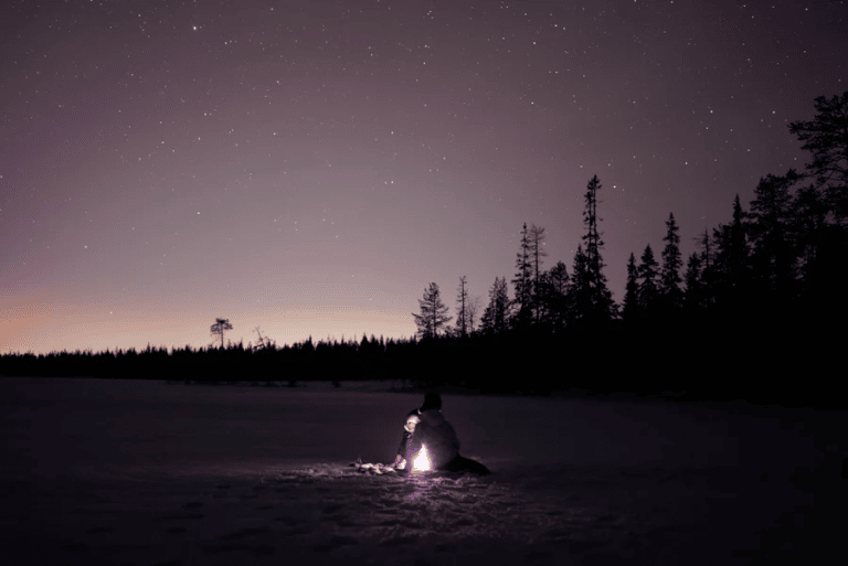 Voyage en famille : Vue sur le ciel étoilé et son paysage lors d'une randonnée motoneige en Finlande