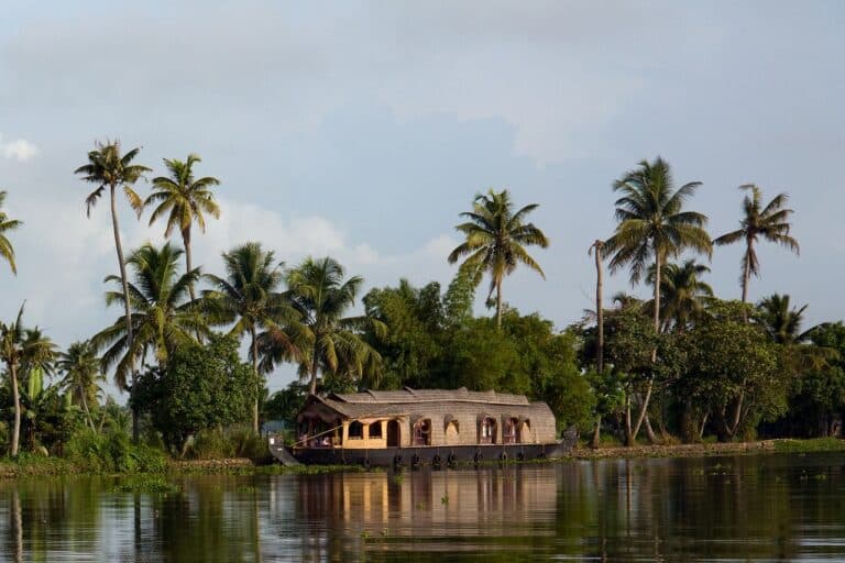 Trek Kerala Inde du Sud : une maison en forme de bateau au bord du lac et une forêt en face avec des palmiers.