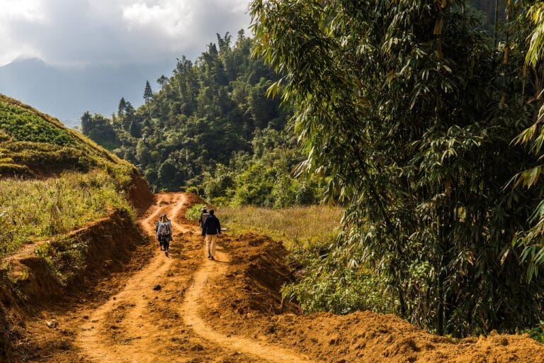 Randonnée au Vietnam à Sapa sur des sentiers de terre en campagne le long d'une forêt Akaoka