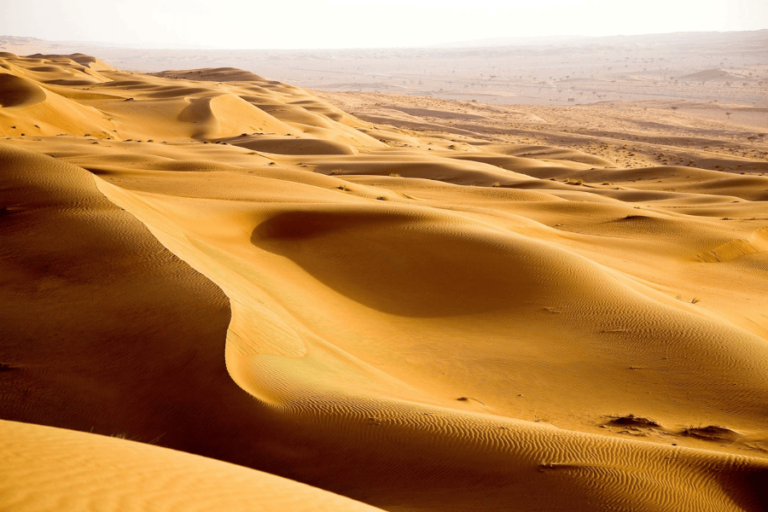 Trek Oman : vue sur un désert de sable doré sous un magnifique ciel et ensoleillé.